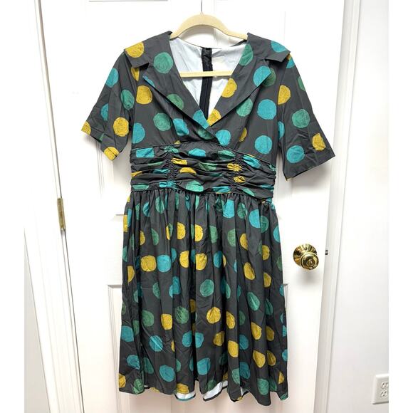 Zapaka 50s Style Dress, Fit and Flare, Gray, Blue and Green Polka Dots, Size L - Picture 3 of 9